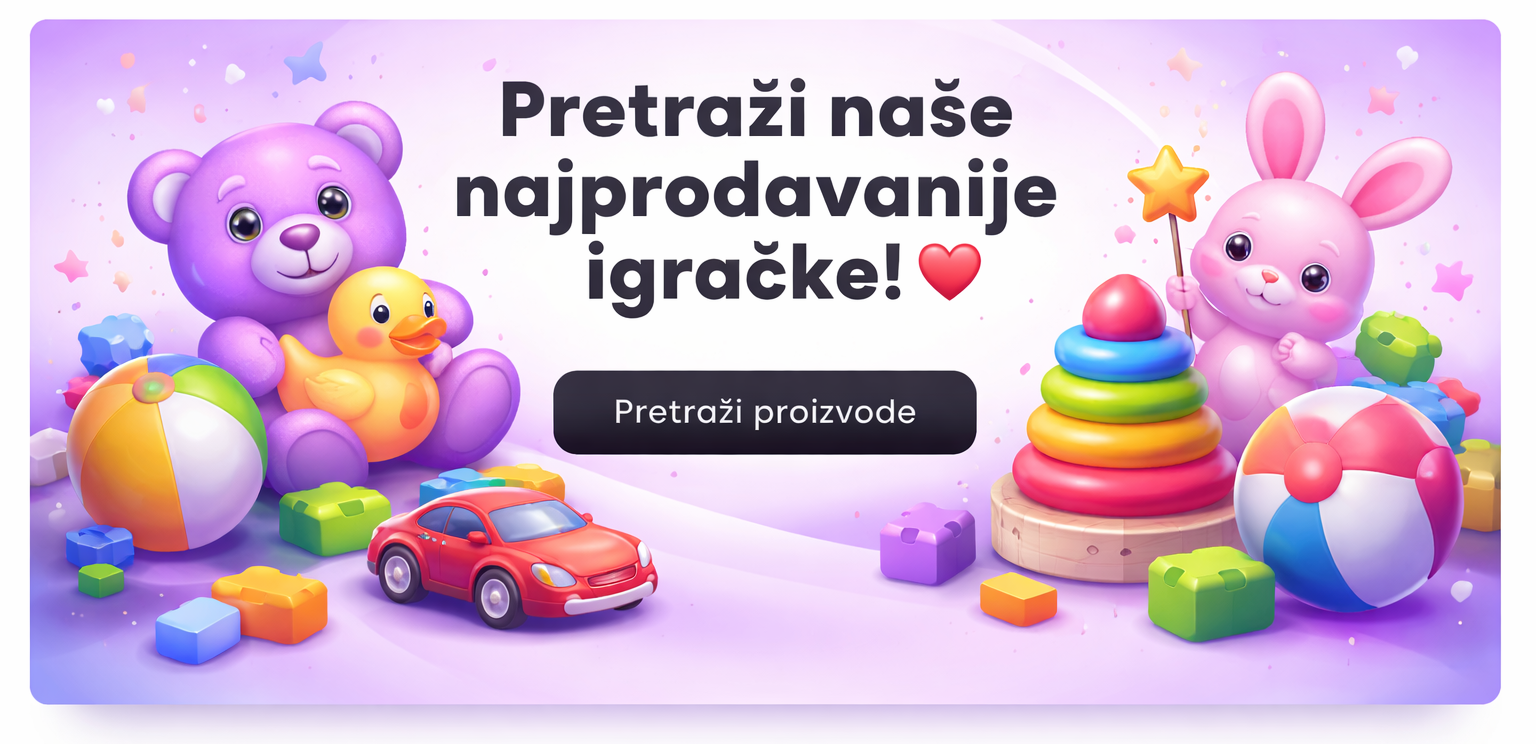 Promotional banner with toys and a search bar for children's products on a purple background.